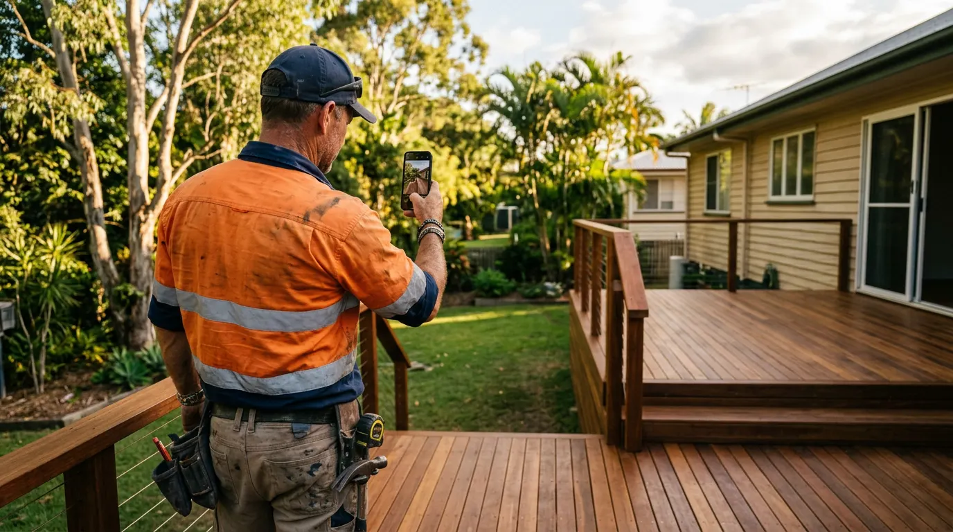 A tradie in a hi-vis shirt photographing a freshly finished timber deck in a Queensland backyard