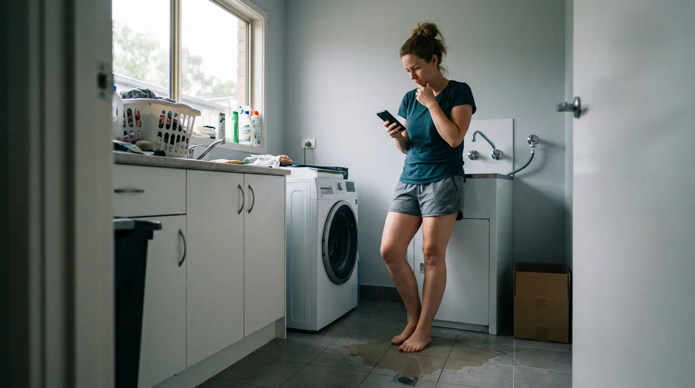 A Brisbane homeowner standing in her laundry beside a small leak, searching for a plumber on her phone