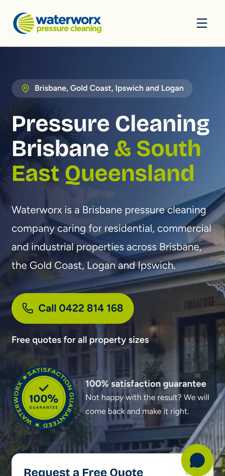 The Waterworx Pressure Cleaning website on a phone, built by Launch North, with a large call button