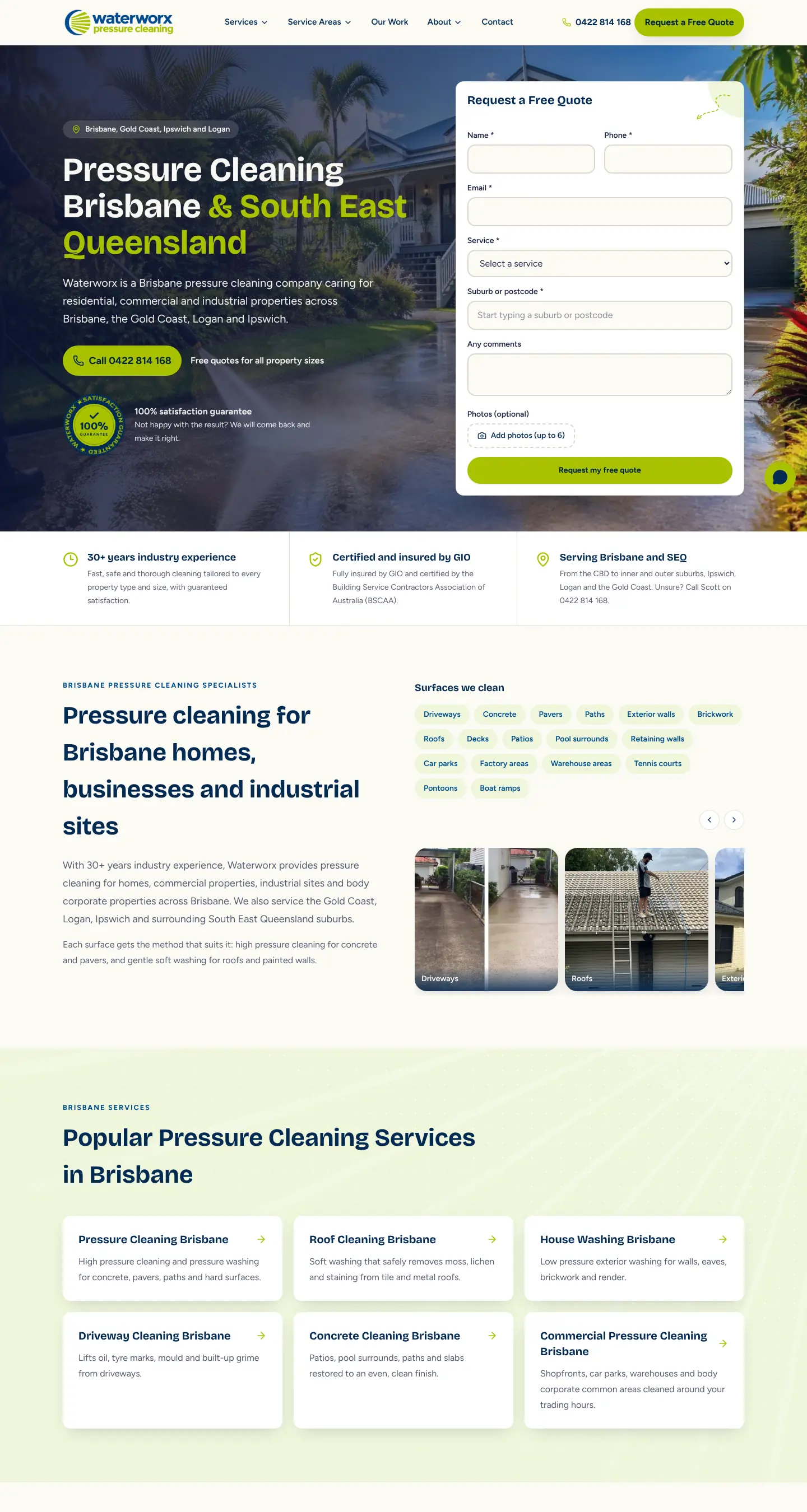 Desktop screenshot of the Waterworx Pressure Cleaning website showing its services and quote form