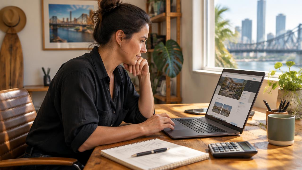 A Brisbane business owner reviewing a website quote on a laptop with a calculator and notebook