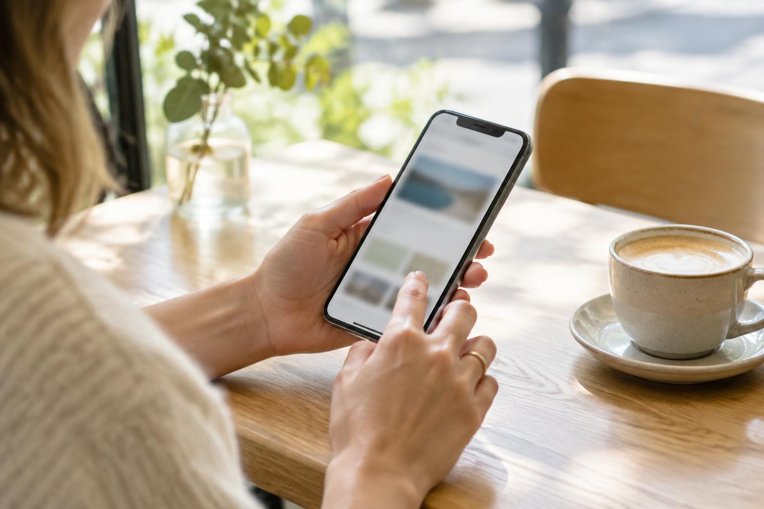 A customer browsing a website on her phone at a sunlit cafe table