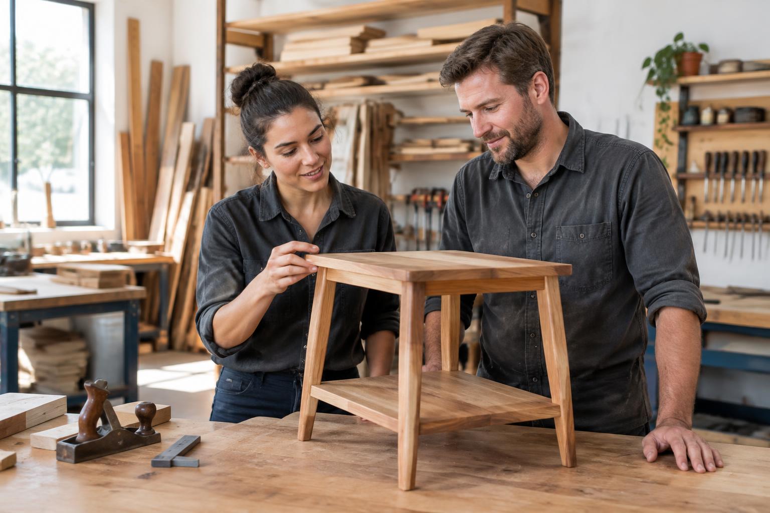 Two carpenters inspecting a finished timber piece in a bright workshop